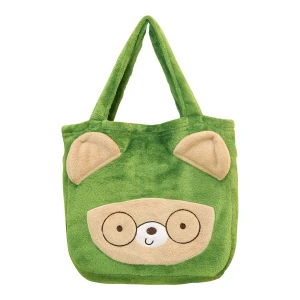 Recycled Polyester Fluffy Flannel Tote Bag Blanket with Bear Design (Green)