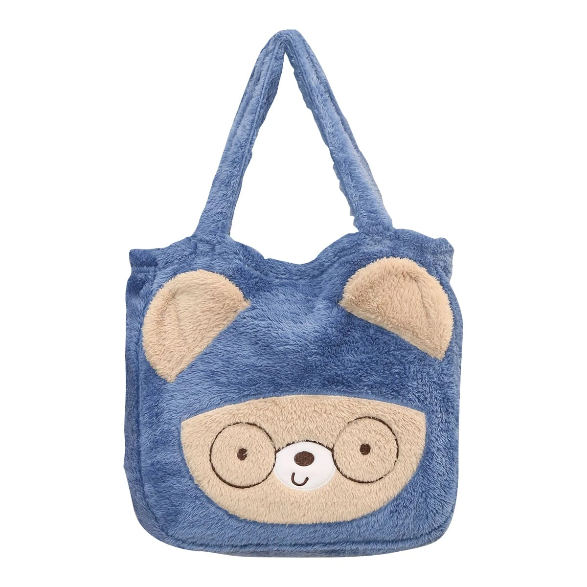 Recycled Polyester Fluffy Plush Tote Bag Blanket with Bear Design (Dark Blue)