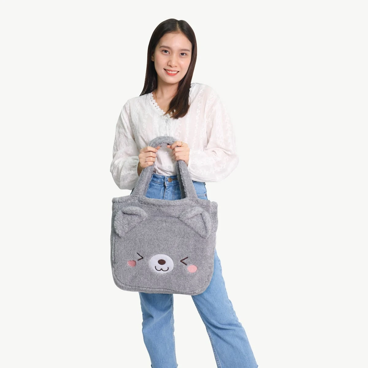 Recycled Polyester Fluffy Plush Tote Bag Blanket with Bear Design (Grey)