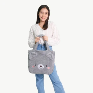 Recycled Polyester Fluffy Plush Tote Bag Blanket with Bear Design (Grey)