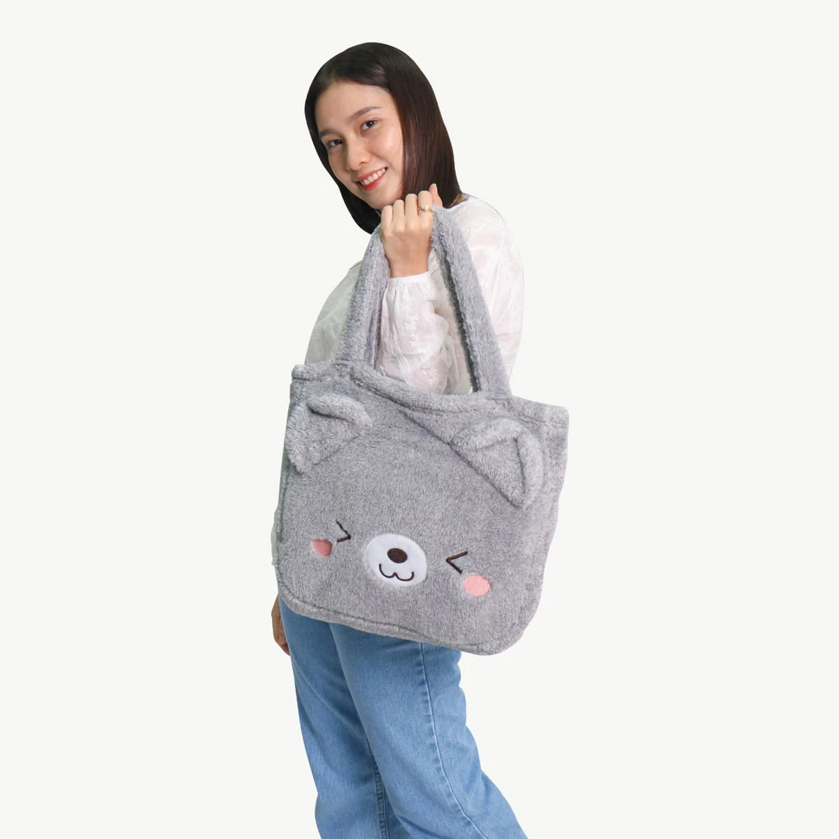 Recycled Polyester Fluffy Plush Tote Bag Blanket with Bear Design (Grey)