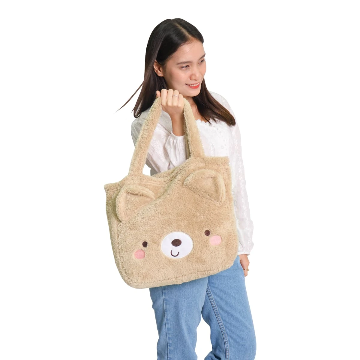 Recycled Polyester Fluffy Plush Tote Bag Blanket with Bear Design (Brown)