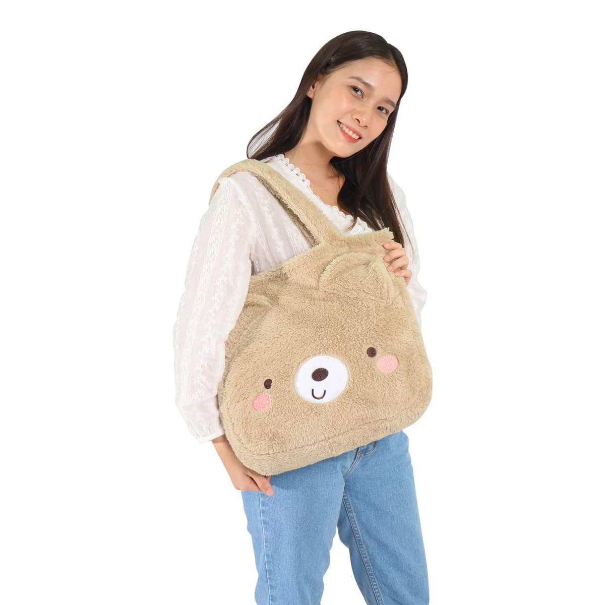 Recycled Polyester Fluffy Plush Tote Bag Blanket with Bear Design (Brown)
