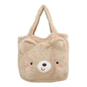 Recycled Polyester Fluffy Plush Tote Bag Blanket with Bear Design (Brown)