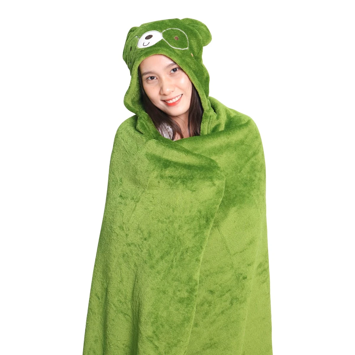 Recycled Polyester Hooded Flannel Blanket with Bear Design (Green)