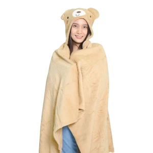 Recycled Polyester Hooded Flannel Blanket with Bear Design (Brown)