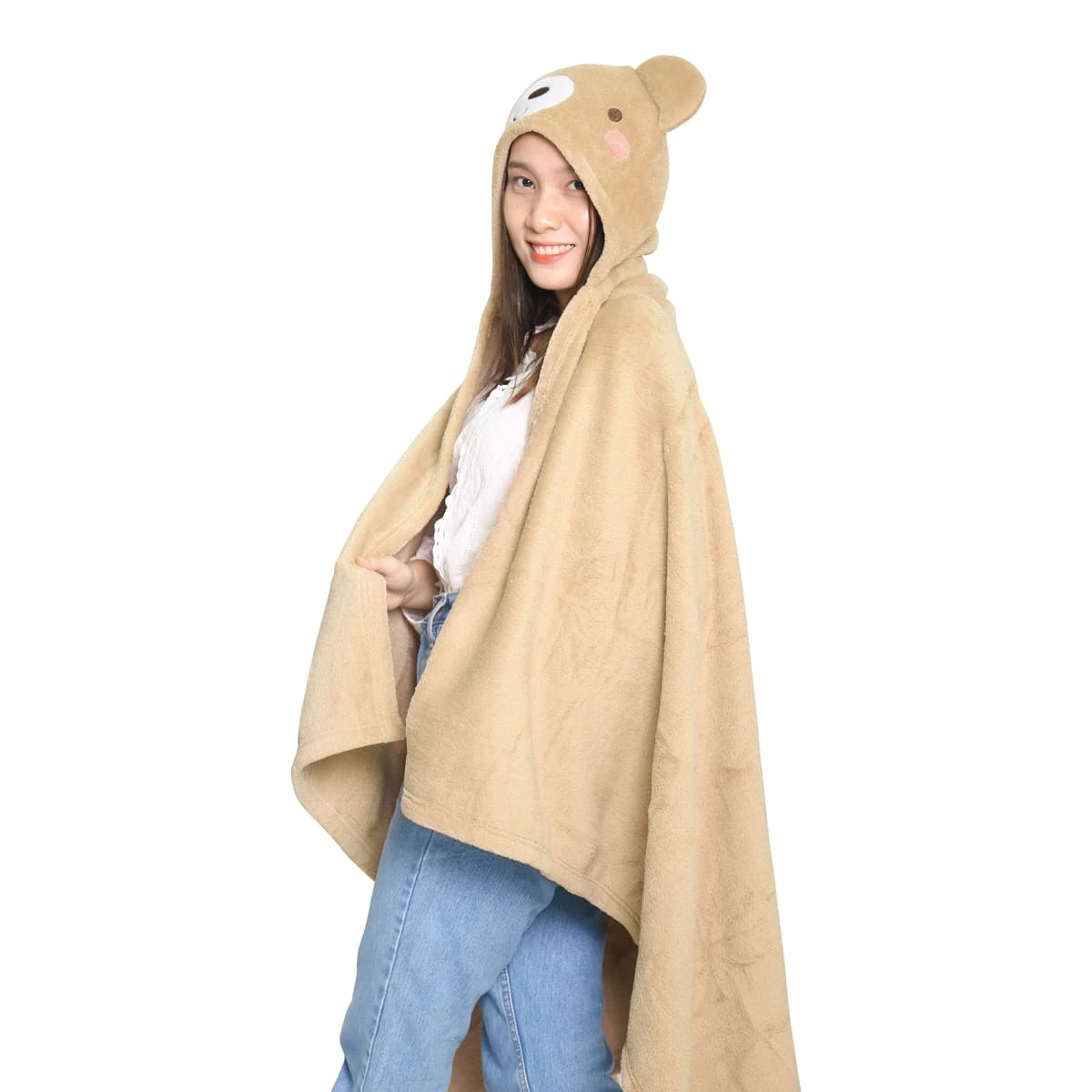 Recycled Polyester Hooded Flannel Blanket with Bear Design (Brown)