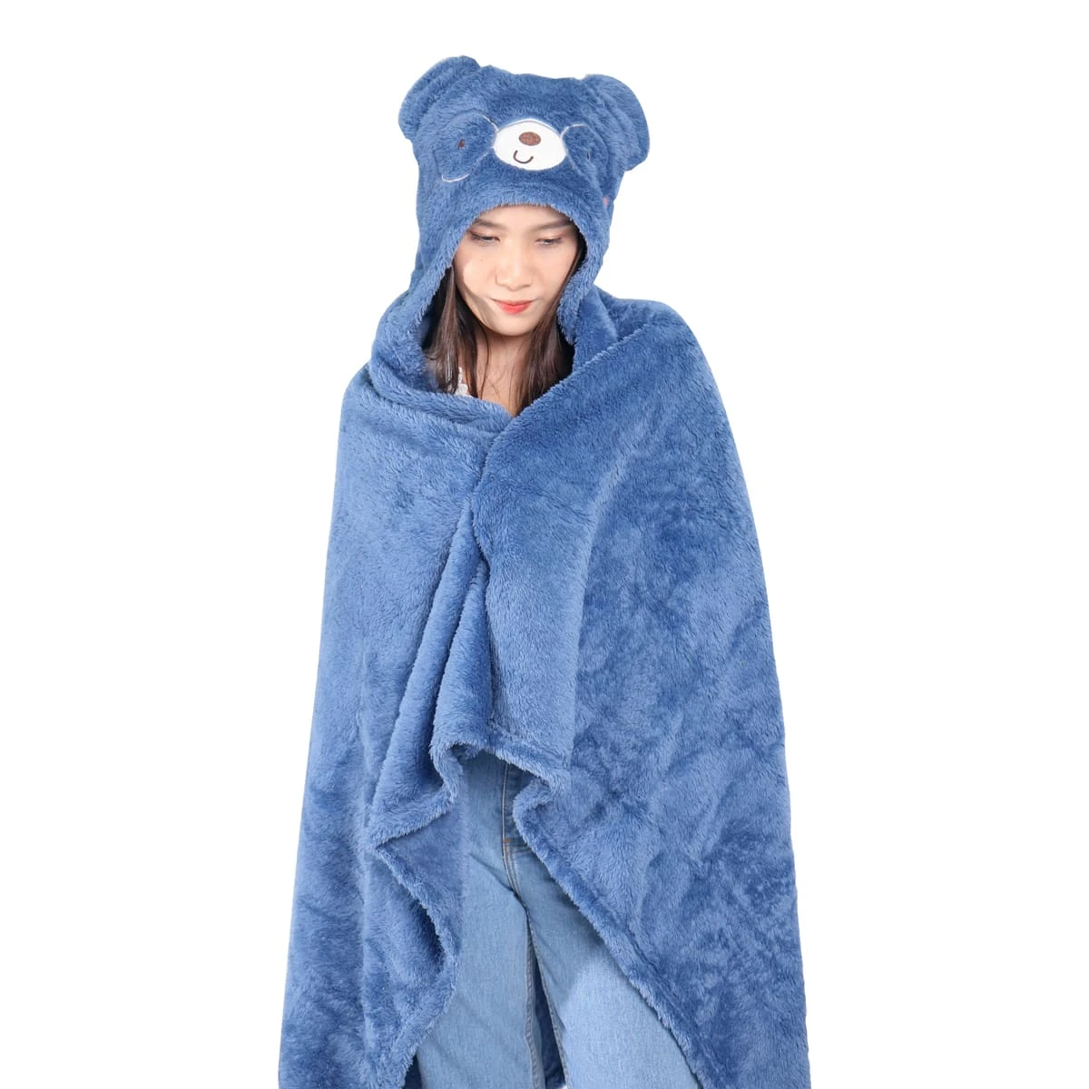 Recycled Polyester Hooded Plush Blanket with Bear Design (Dark Blue)