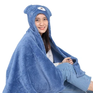 Recycled Polyester Hooded Plush Blanket with Bear Design (Dark Blue)