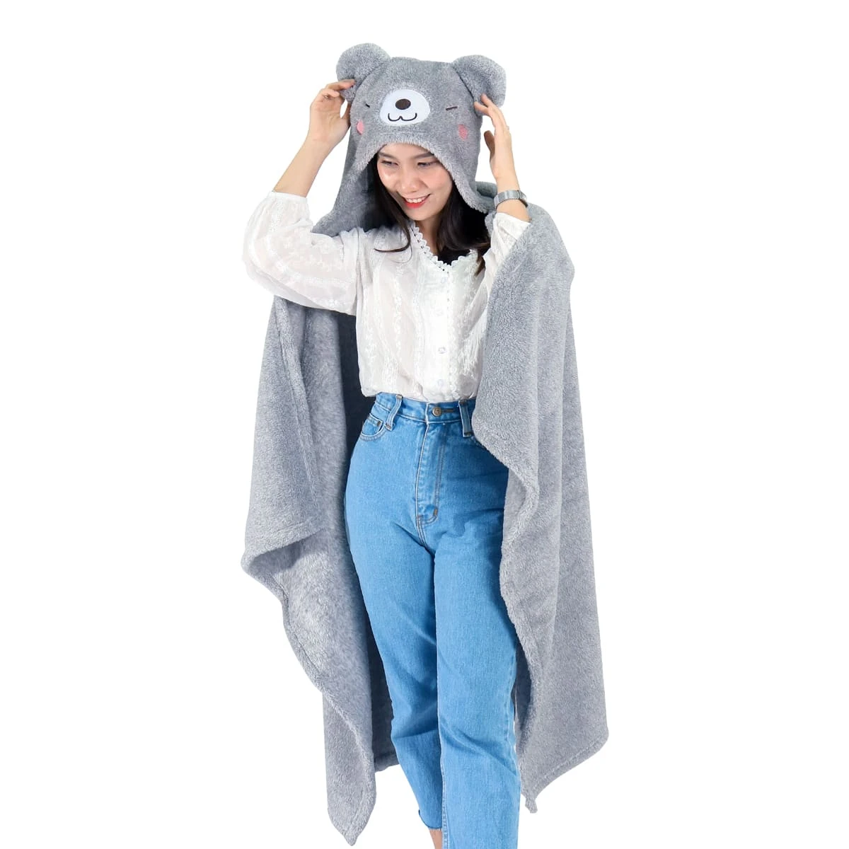 Recycled Polyester Hooded Plush Blanket with Bear Design (Grey)