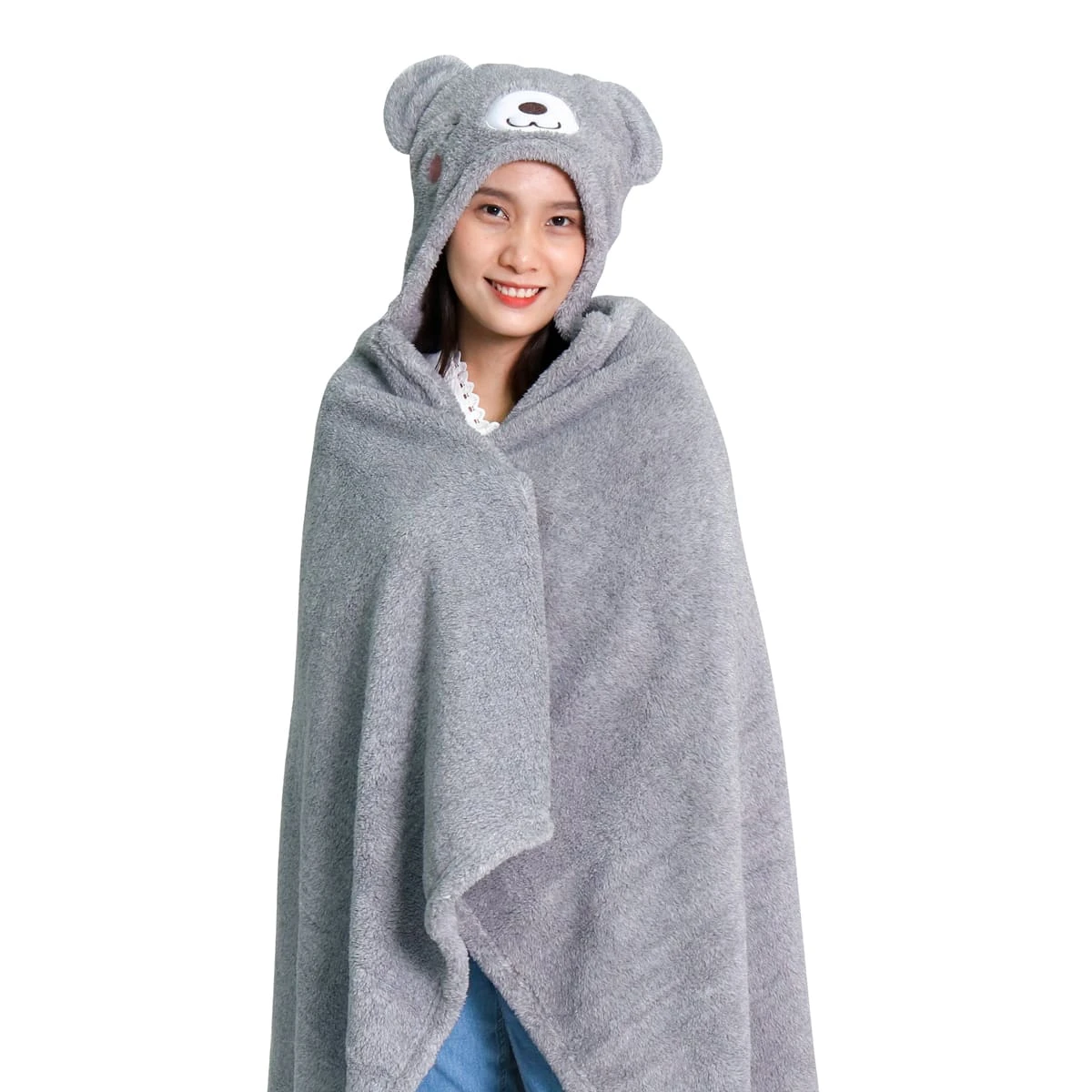 Recycled Polyester Hooded Plush Blanket with Bear Design (Grey)