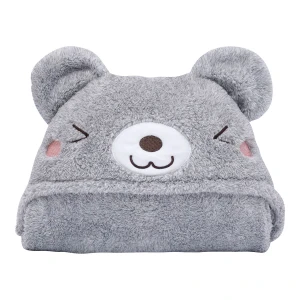 Recycled Polyester Hooded Plush Blanket with Bear Design (Grey)