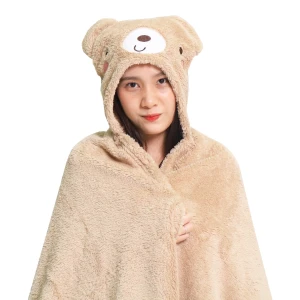 Recycled Polyester Hooded Plush Blanket with Bear Design (Brown)
