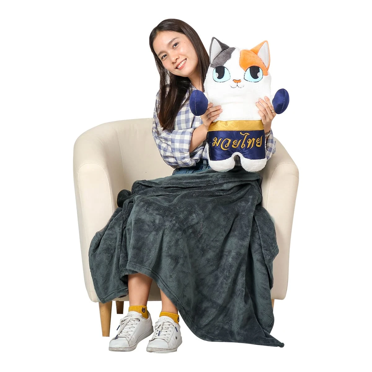 Recycled Polyester Muay Thai Cat Hand Warmer Doll Pillow Blanket (Navy, Grey)