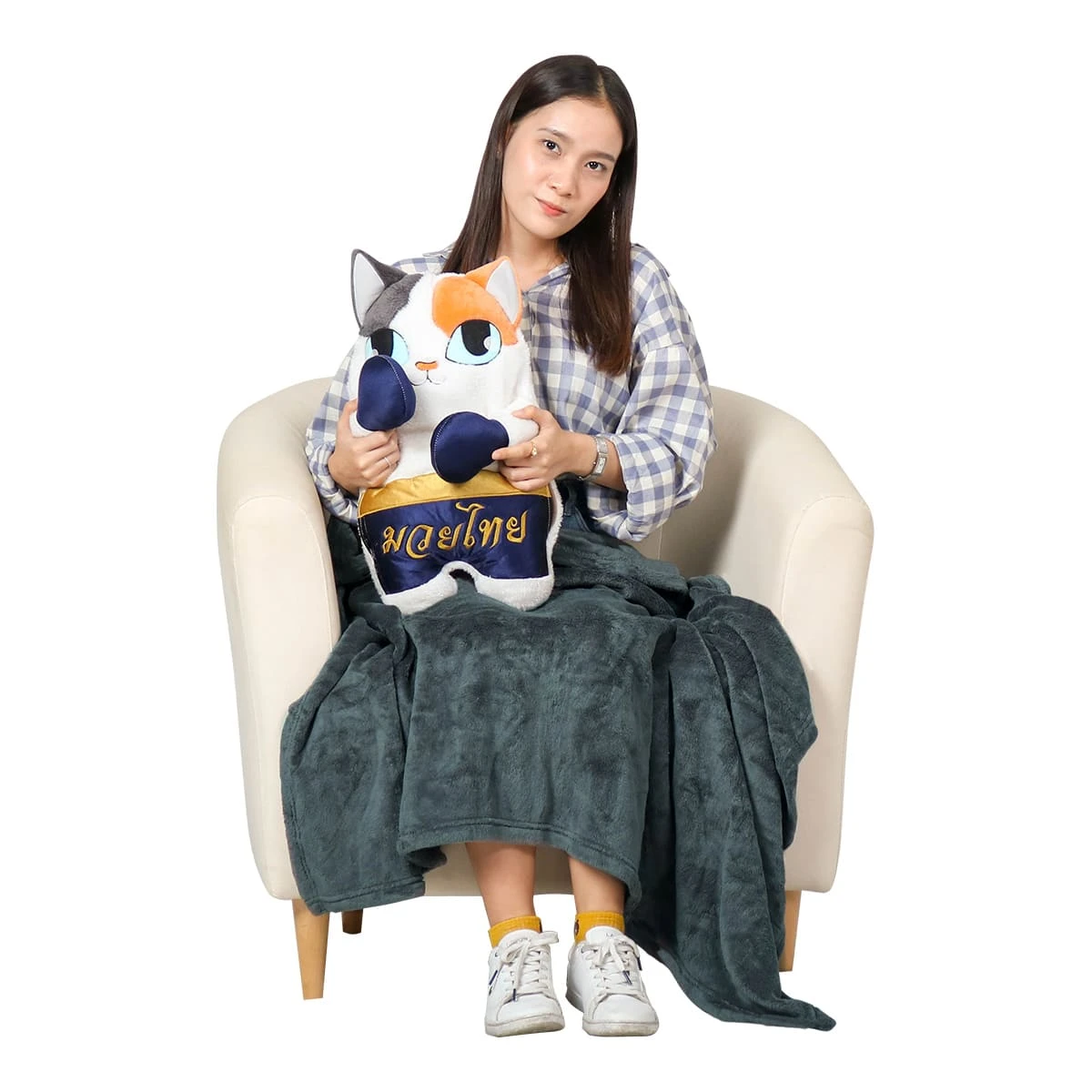 Recycled Polyester Muay Thai Cat Hand Warmer Doll Pillow Blanket (Navy, Grey)