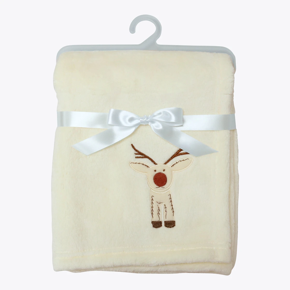 Reindeer Embroidery Flannel Baby Blanket (Cream)