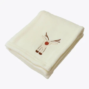Reindeer Embroidery Flannel Baby Blanket (Cream)