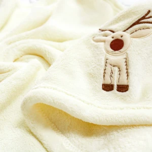 Reindeer Embroidery Flannel Baby Blanket (Cream)