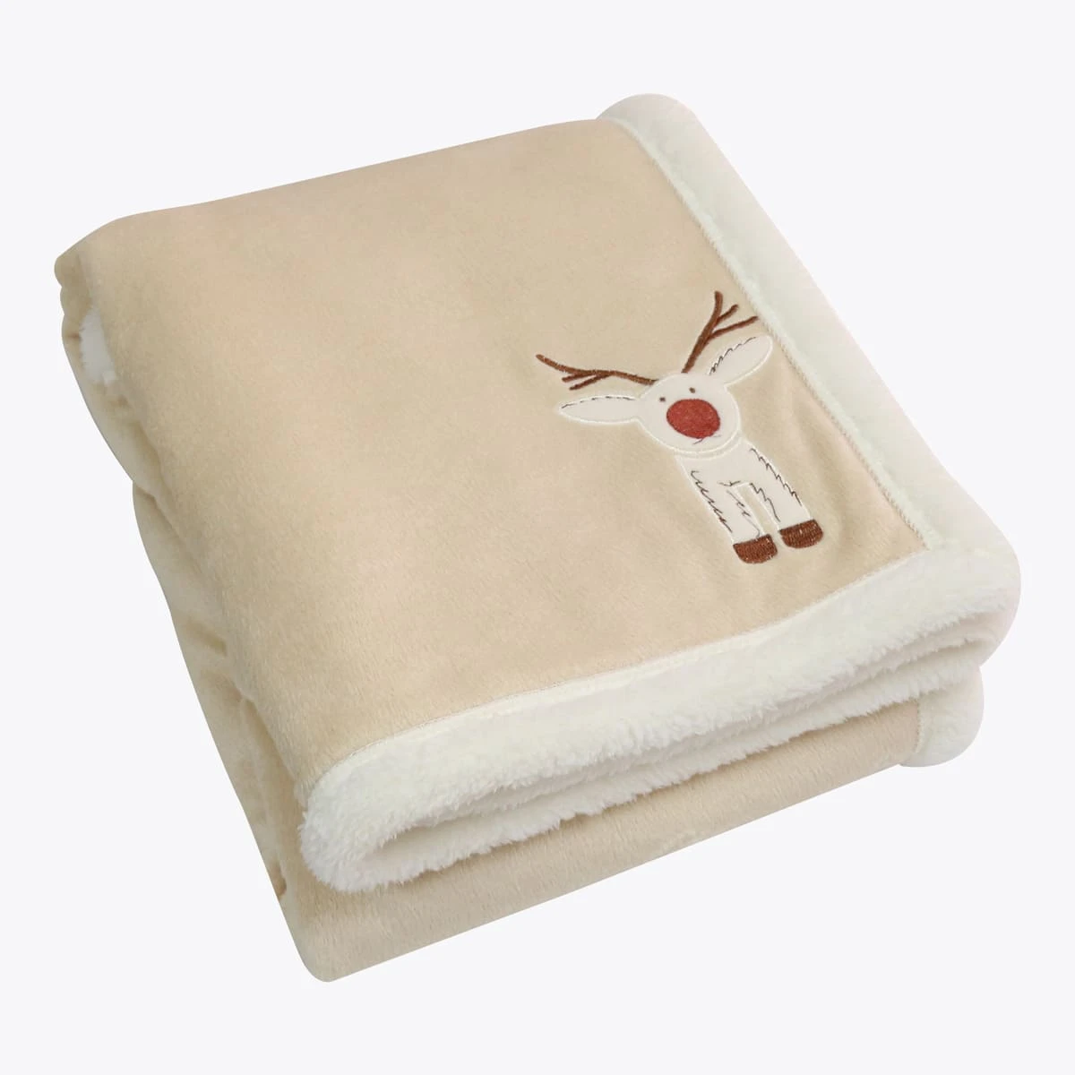 Reindeer Embroidery Velfleece Reversible to Cream Plush Baby Blanket