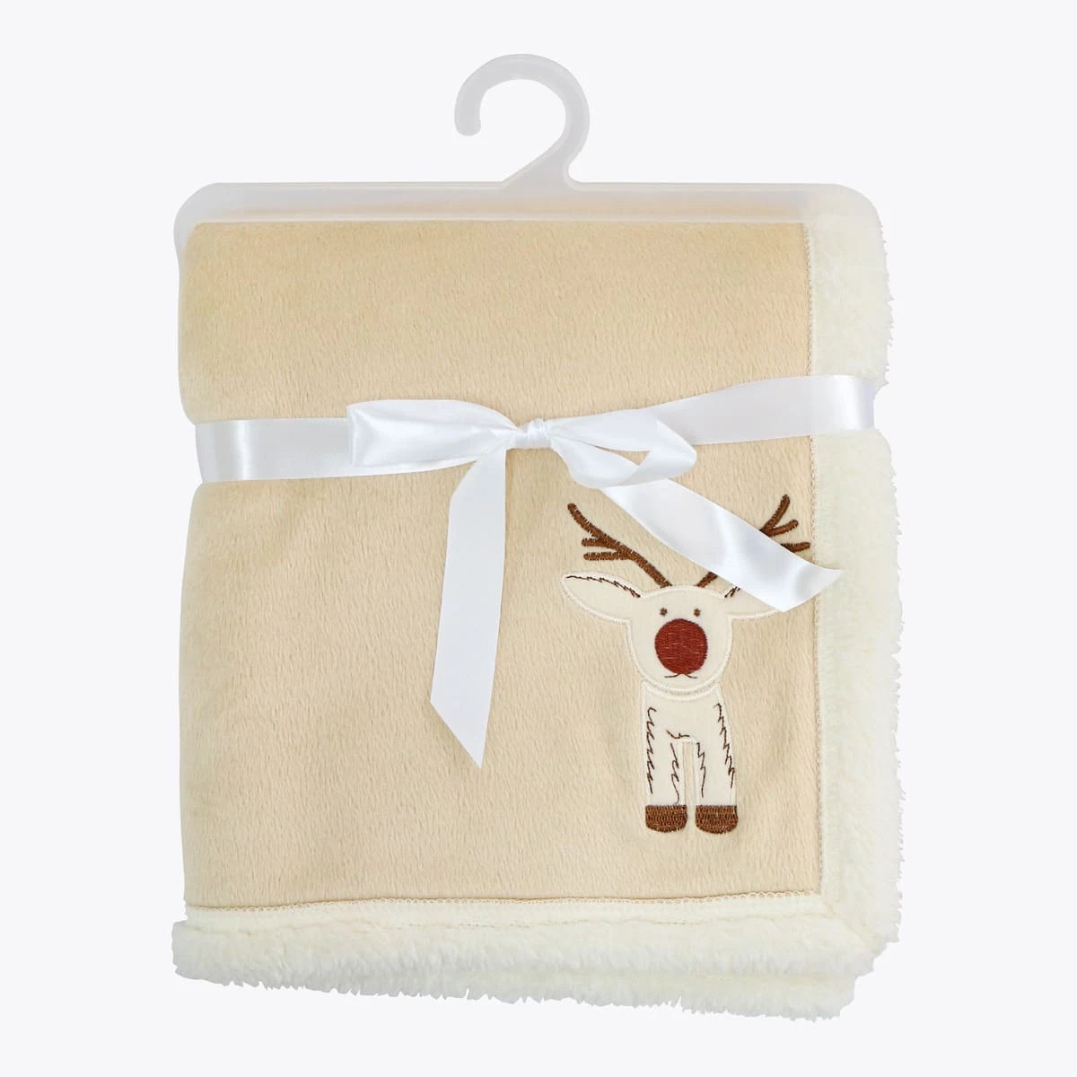 Reindeer Embroidery Velfleece Reversible to Cream Plush Baby Blanket