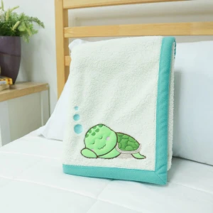 Sleeping Turtle Embroidery Sherpa Reversible to Turquoise Fleece Baby Blanket