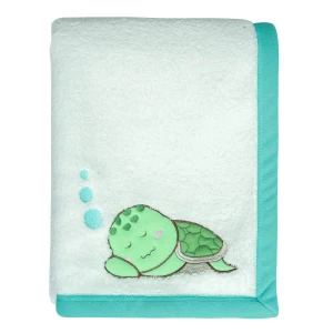 Sleeping Turtle Embroidery Sherpa Reversible to Turquoise Fleece Baby Blanket