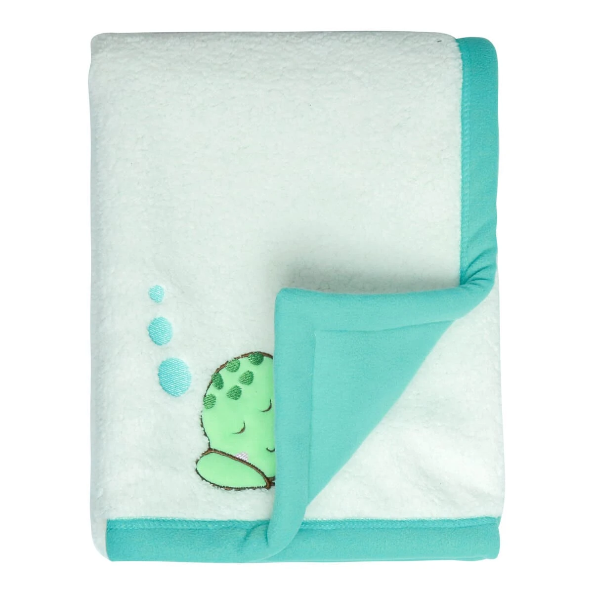 Sleeping Turtle Embroidery Sherpa Reversible to Turquoise Fleece Baby Blanket