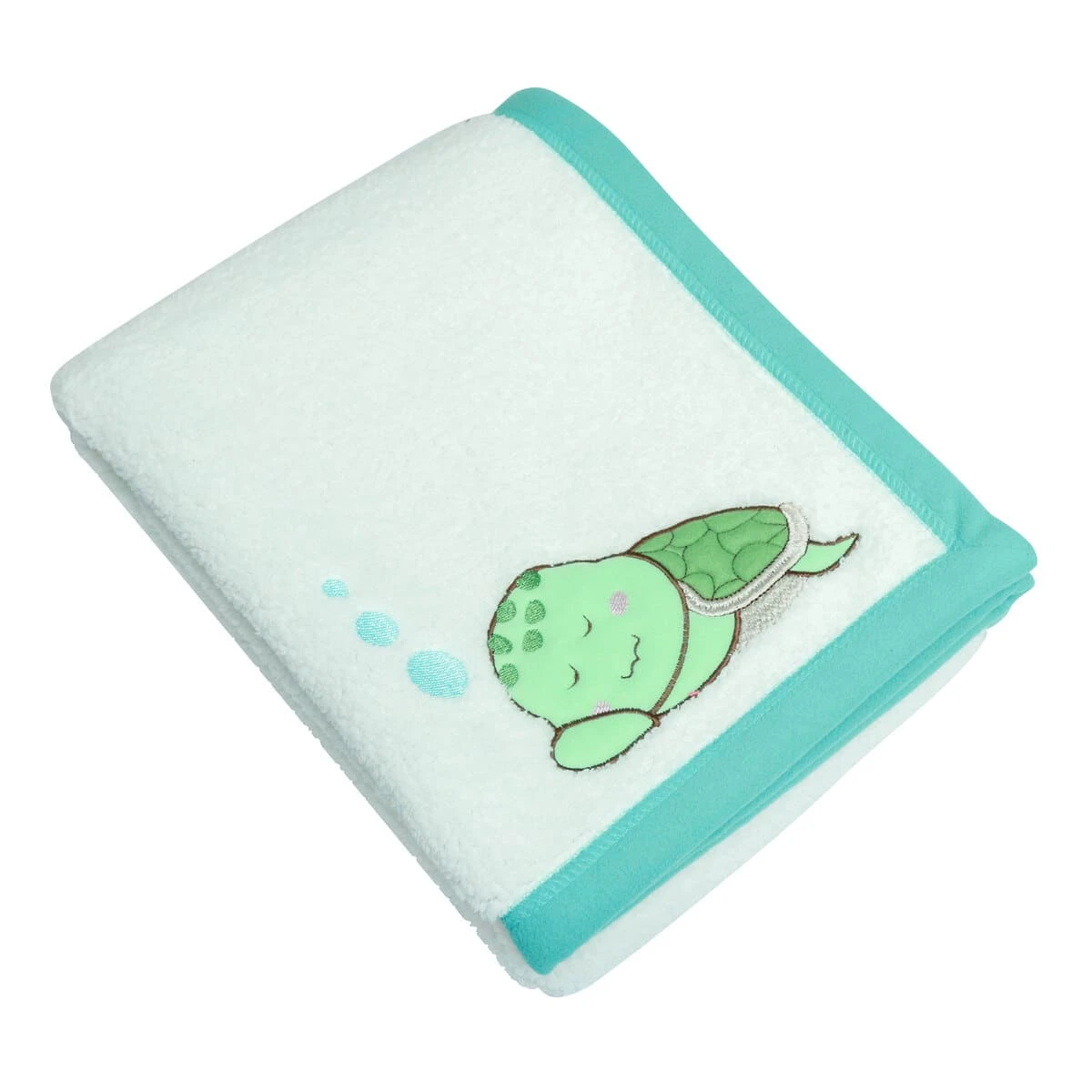 Sleeping Turtle Embroidery Sherpa Reversible to Turquoise Fleece Baby Blanket