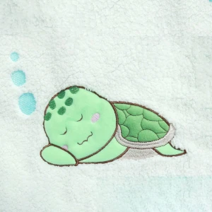 Sleeping Turtle Embroidery Sherpa Reversible to Turquoise Fleece Baby Blanket