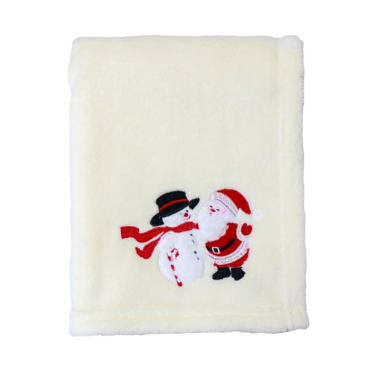 Snowman and Santa Embroidery Flannel Baby Blanket (Cream)