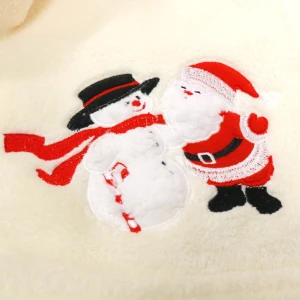 Snowman and Santa Embroidery Flannel Baby Blanket (Cream)