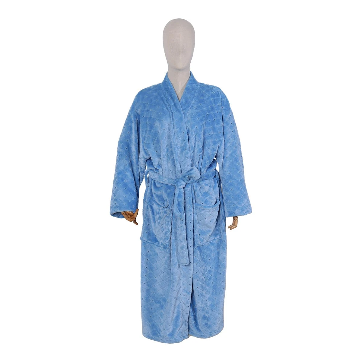 Solid Color Jacquard Flannel Bathrobe - Diamond Pattern (Blue)