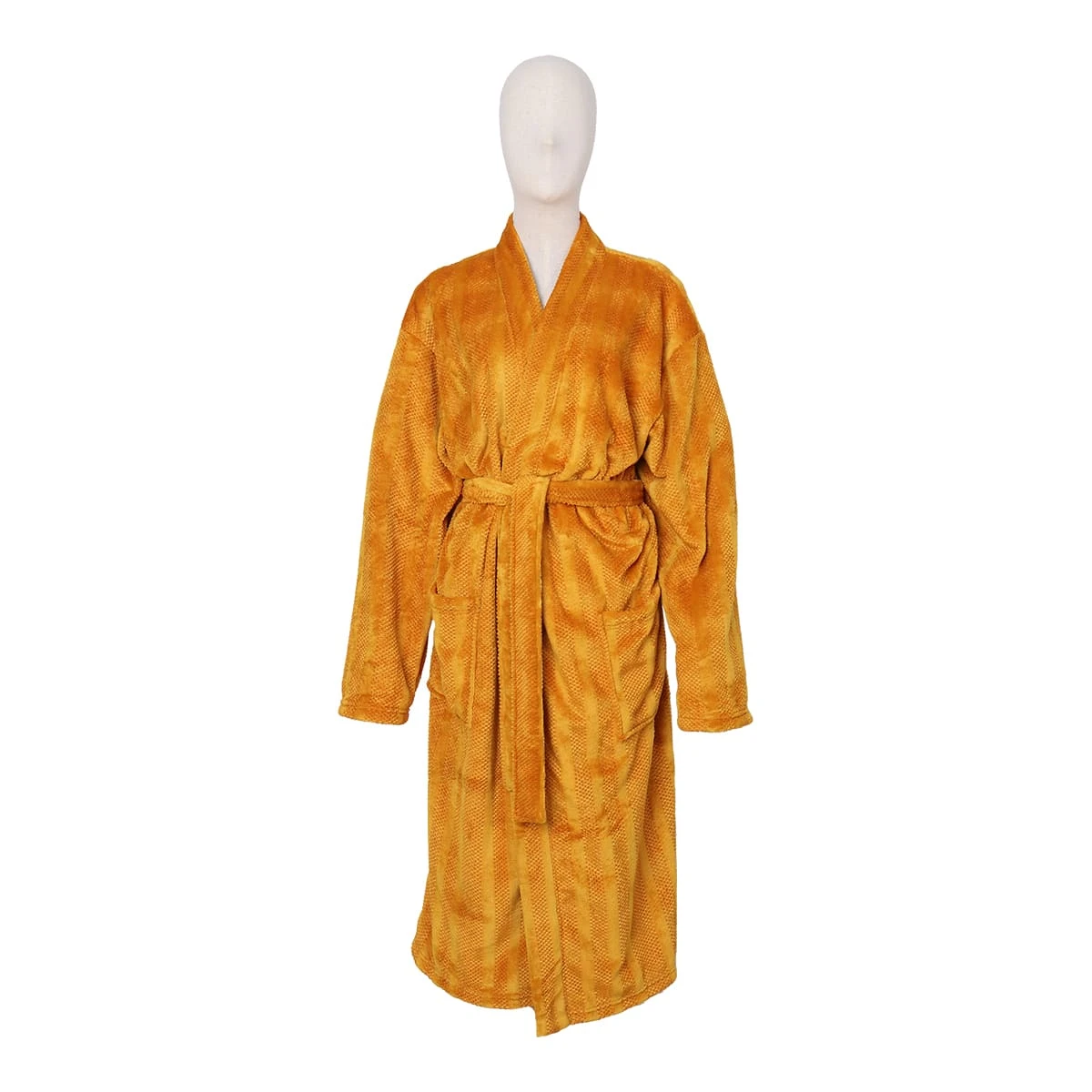 Solid Color Jacquard Flannel Bathrobe - Waffle Textured (Orange Stripe)