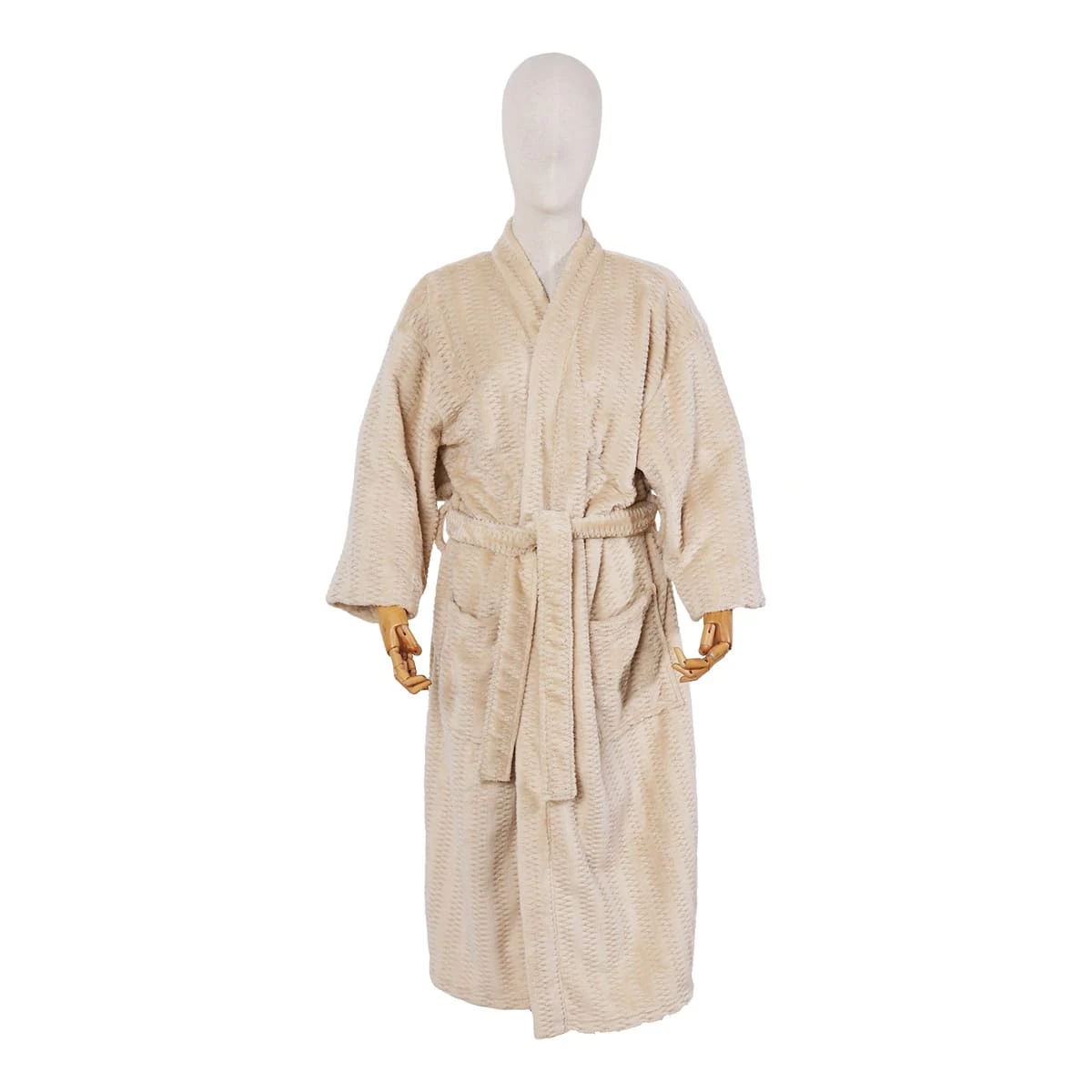 Solid Color Jacquard Flannel Bathrobe - Zigzag Pattern (Beige)