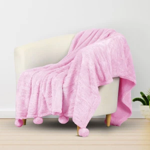 Solid Color Pom Pom Plush Throw with Handle Strap (Pink)