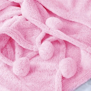 Solid Color Pom Pom Plush Throw with Handle Strap (Pink)