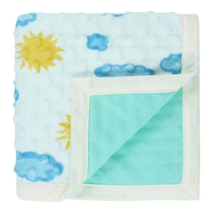 Sun and Cloud Printed Dimple Touch Velfleece Reversible Fleece Baby Blanket (Green)