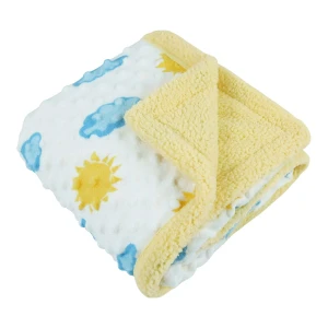Sun and Cloud Printed Dimple Touch Velfleece Reversible Sherpa Baby Blanket (Yellow)
