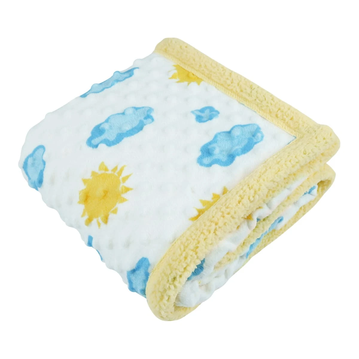 Sun and Cloud Printed Dimple Touch Velfleece Reversible Sherpa Baby Blanket (Yellow)