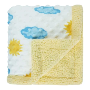 Sun and Cloud Printed Dimple Touch Velfleece Reversible Sherpa Baby Blanket (Yellow)