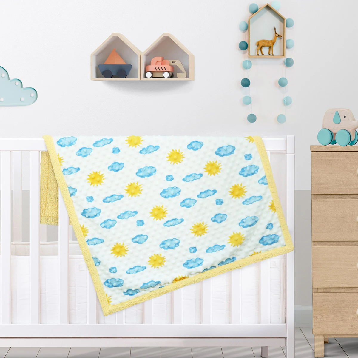 Sun and Cloud Printed Dimple Touch Velfleece Reversible Sherpa Baby Blanket (Yellow)