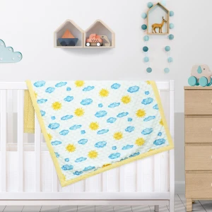Sun and Cloud Printed Dimple Touch Velfleece Reversible Sherpa Baby Blanket (Yellow)