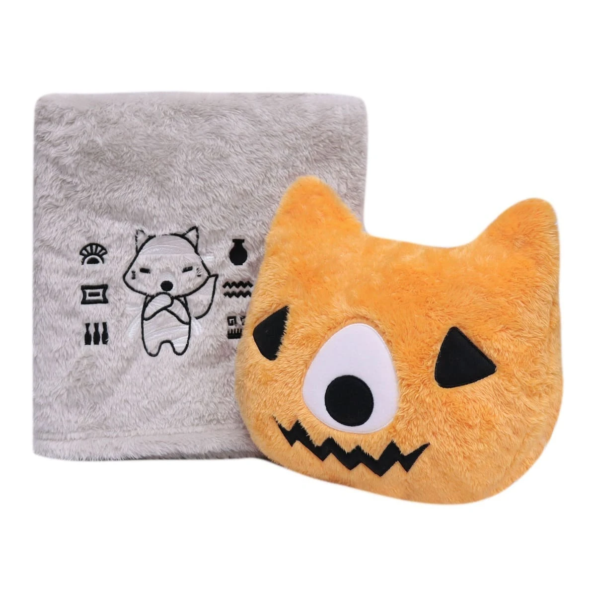 Terry V2 (Halloween Collection) 3D Embroidery Plush Pillow Blanket (Orange,Grey)