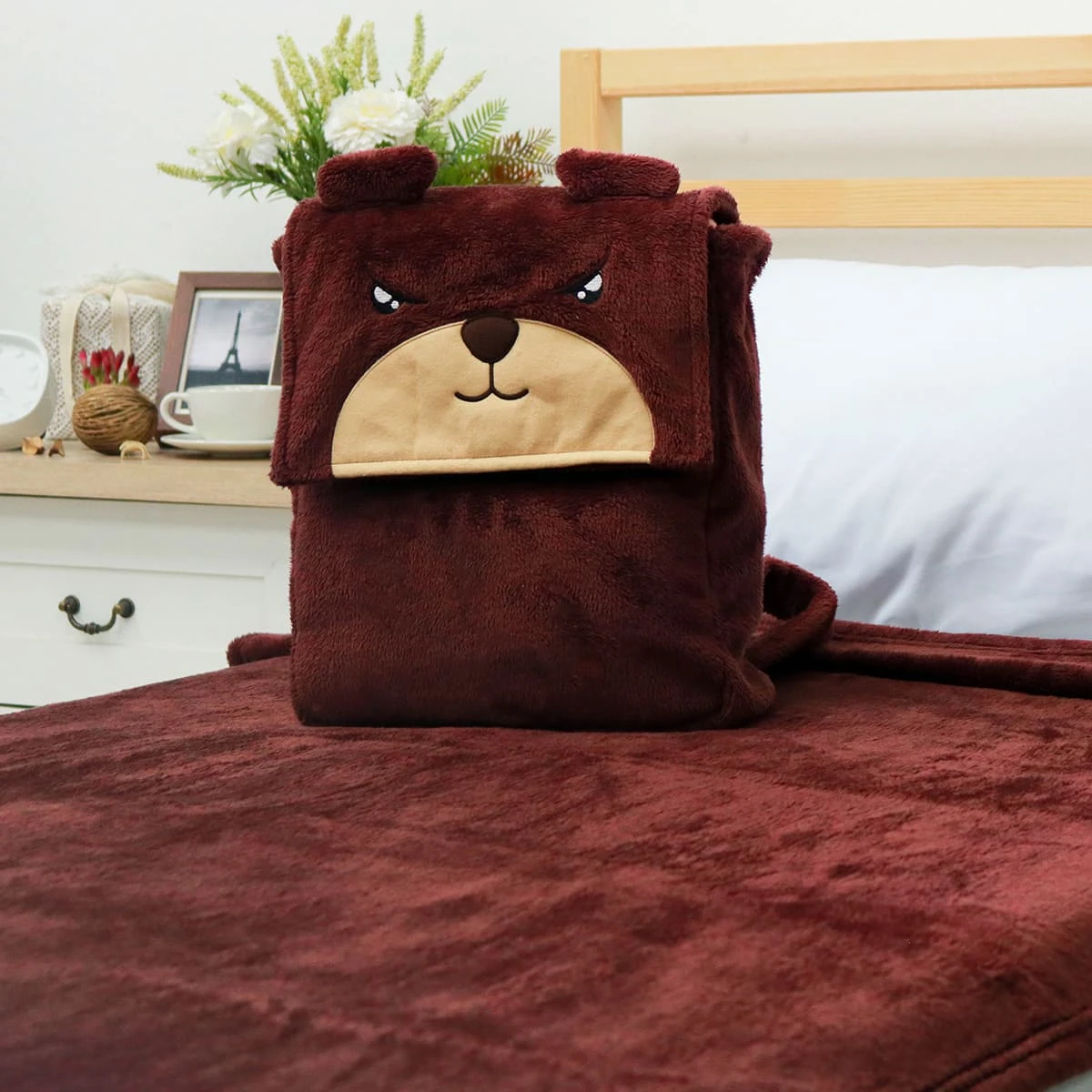 Ton 3D Embroidery Backpack with Plush Blanket (Red Brown)