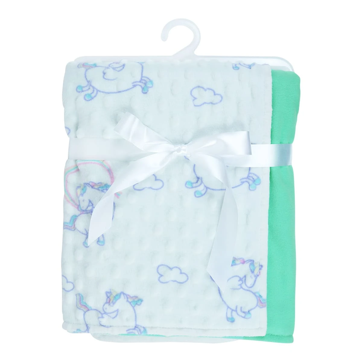 Unicorn and Cloud Printed Dimple Touch Velfleece Reversible Fleece Baby Blanket (Green)