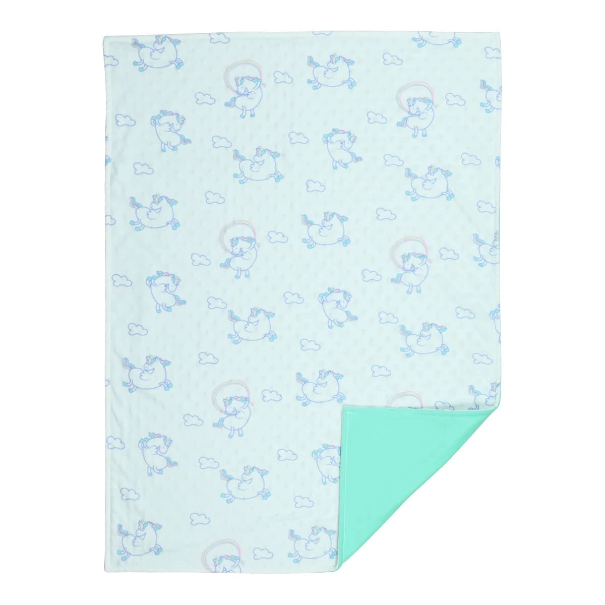 Unicorn and Cloud Printed Dimple Touch Velfleece Reversible Fleece Baby Blanket (Green)