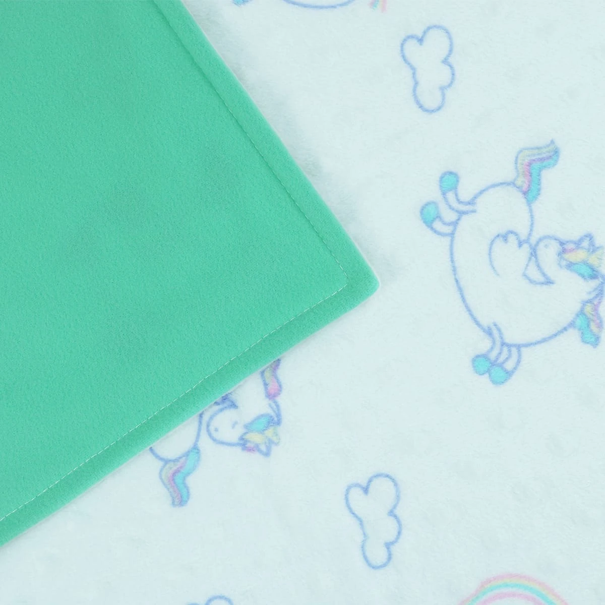 Unicorn and Cloud Printed Dimple Touch Velfleece Reversible Fleece Baby Blanket (Green)