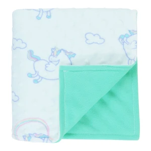 Unicorn and Cloud Printed Dimple Touch Velfleece Reversible Fleece Baby Blanket (Green)