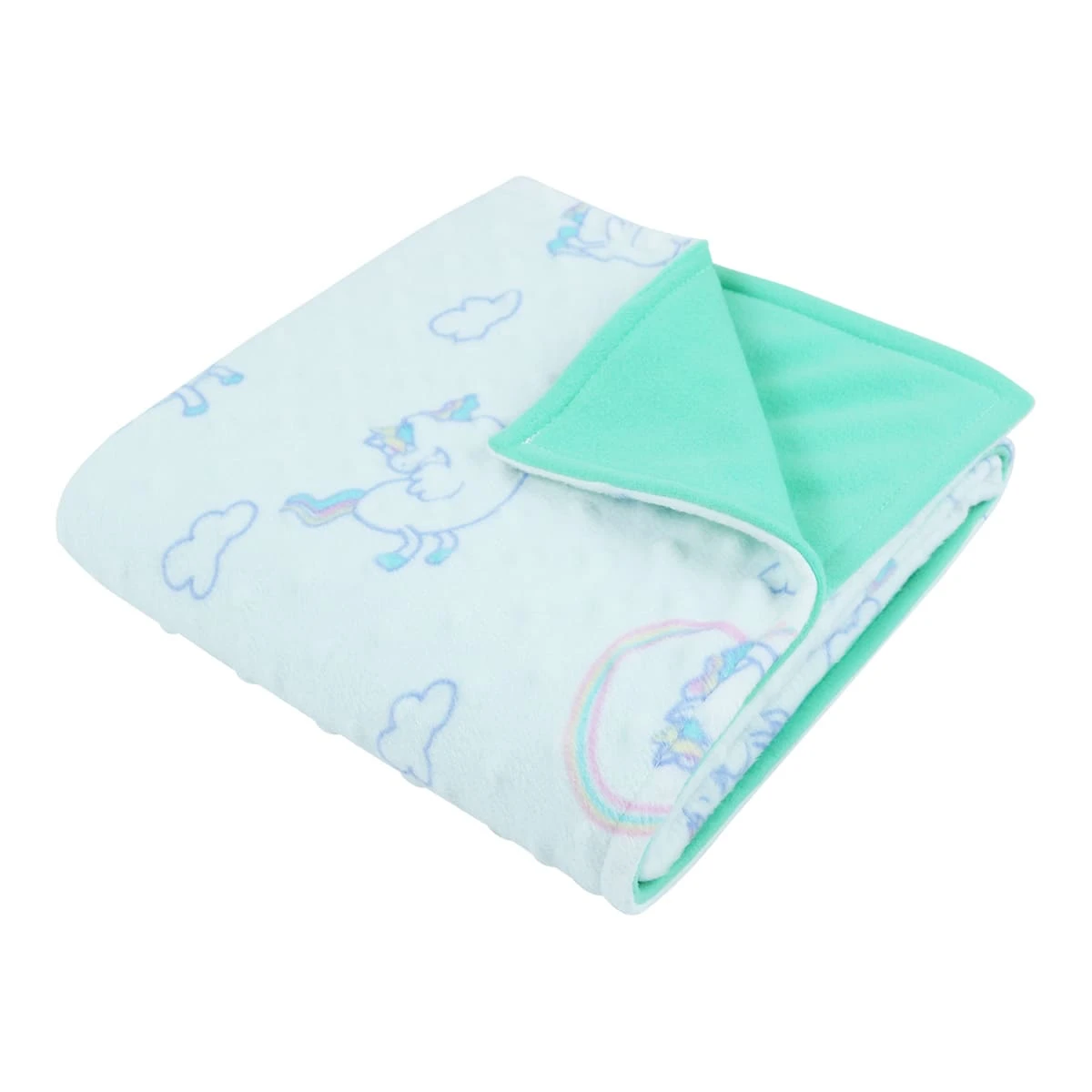 Unicorn and Cloud Printed Dimple Touch Velfleece Reversible Fleece Baby Blanket (Green)