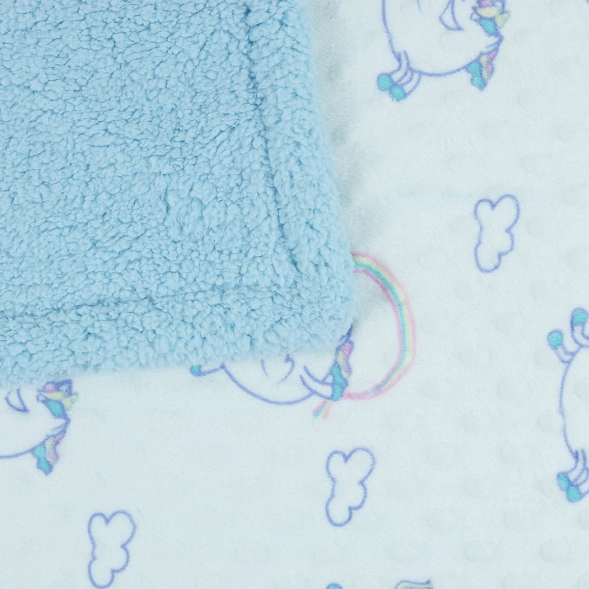 Unicorn and Cloud Printed Dimple Touch Velfleece Reversible Sherpa Baby Blanket (Blue)